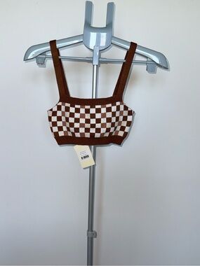 Peppermayo Checkered Knit Crop Top Brown Cream Size M/L
